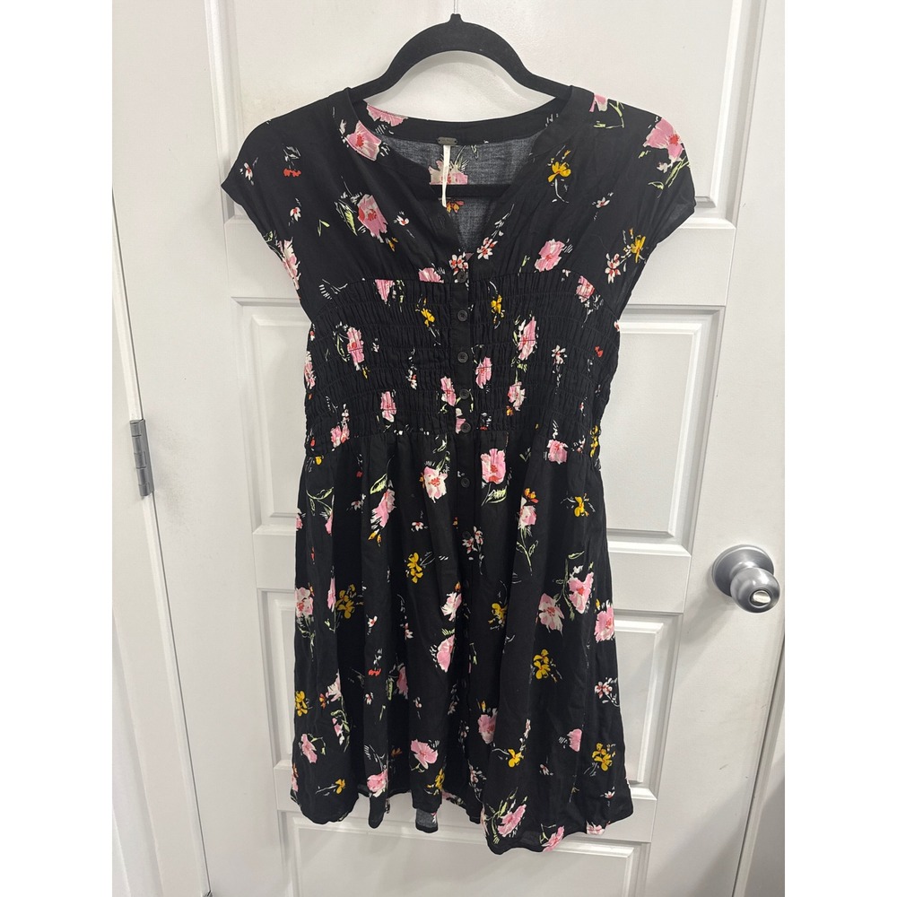 Free People Floral Smocked Mini Dress Black Pink Yellow Boho Cap Sleeve Small